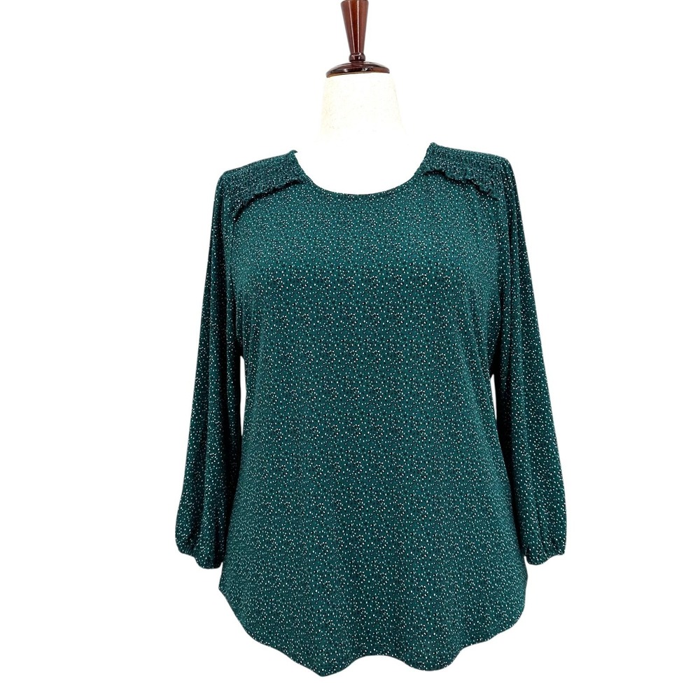 Adrianna Papell Peasant Blouse Green Dot Bracelet Length Sleeves Women's XL NWT